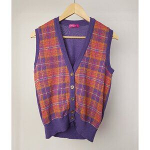 Vintage wool retro multicolor plaid pattern v neck button up knit sweater vest